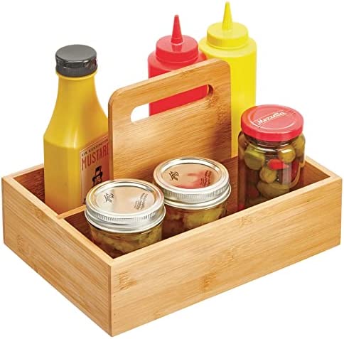 mDesign Bamboo Wood Food Storage Container, Divided Bin with Carrying Handle for Kitchen Cabinet, Pantry, Shelves - Organizer for Individual Packets, Ketchup, Mustard, Mayonnaise, 10.5 Long, Natural