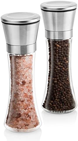 Set of 4 Salt and Pepper Grinder Set | Stainless Steel Shakers and Mills, Glass Body (6 Oz), 5 Adjustable Grade Modes By Srenta