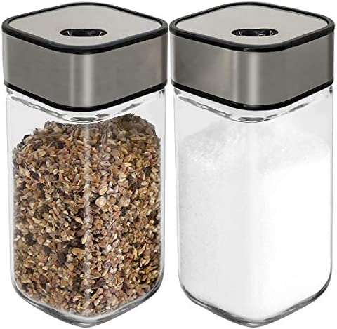 Salt and Pepper Shakers Set with Adjustable Pour Holes - Premium Salt and Pepper Dispenser - Glass