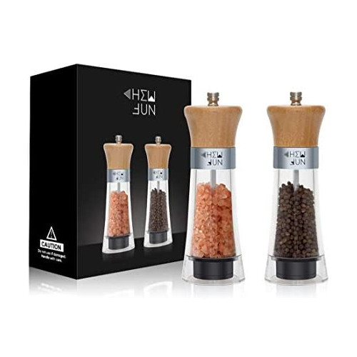 Bamboo Wooden Salt & Pepper Grinder Set of 2, Refillable Sea Salt and Pepper Mill Set-Professional Pepper Shaker with Adjustable Ceramic Rotor for Seasoning, Home Kitchen Tools For Cooking