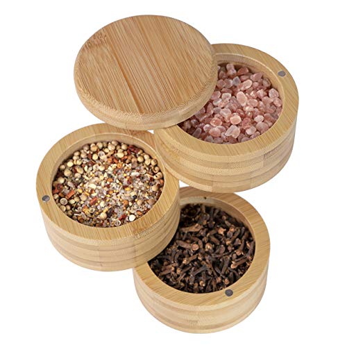 Meraki Inspired Salt Cellar, Salt Box, Salt Keeper, Salt container w/Lid;Three Tier for Spices, Herb, Salt or Seasoning /Bamboo/Natural/Swivel top, Magnetic Lid/Convenient Three Stackable Compartment