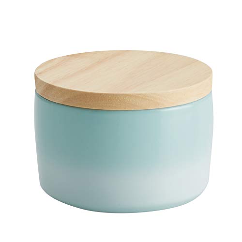 Rachael Ray Solid Glaze Ceramics Salt and Spice Box with Wood Lid for Seasoning, Cooking, Serving, 9 Ounce, Light Blue Ombre