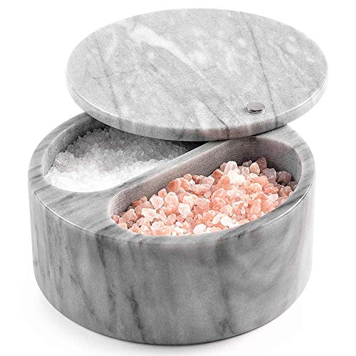 Salt Cellar with Swivel Top and Dual Compartment Elegant Marble Salt Box with Lid for Salt, Spice and Herbs Storage u2013 5 Ounce Capacity (White/Grey Marble)