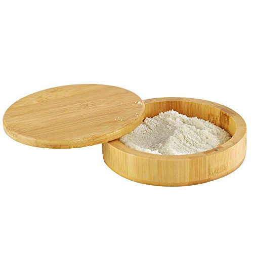 HOME-X Round Bamboo Container with Swivel Lid and Magnetic Lock, Wooden Box, Kitchen Spice Container, Multifunctional Organizer -Natural Color-5 ½” D