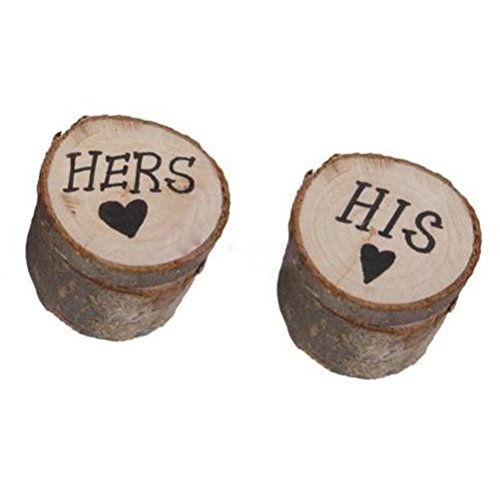 WINOMO 2pcs Wooden Wedding Ring Bearer Box with Printed Hers His Love Heart