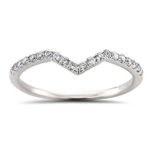 14k White Gold Round Diamond V Shape Chevron Stackable Wedding Band (1/5 cttw, H-I, I2-I3) | Real Diamond Wedding Band For Women | Gift Box Included