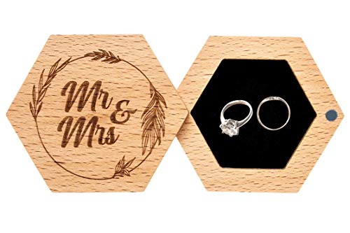 Strova Mr. Mrs. Wedding Ring Box Couples 유니크 Rustic Wooden Hexagon 소프트 Pillow Cushion 디자인 Proposal Ceremony Display Bearer Jewelry Organizer Storage