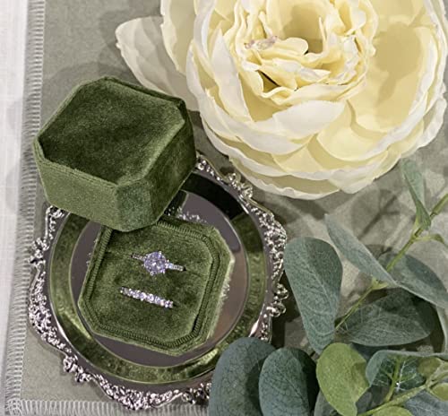 Velvet Ring Box - Elegant Vintage Octagon Display Holder Jewelry Double Storage 소프트 Fabric Perfect Weddings Engagement Photography Decorative & Functional 선물 Brides Ivory