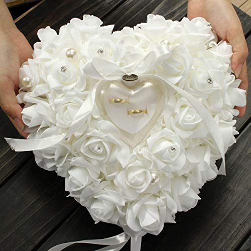 Yosoo Wedding Ring Pillow Heart Box Ribbon Pearl Ceremony Supplies Gift