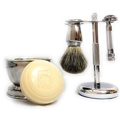 G.B.S 5-Piece Chrome Shaving Set- #178 Safety Razor Brush Razor/Brush Stand Soap Bowl & Shave