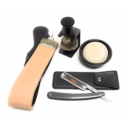 7 Piece Shaving 세트 - Includes 선물 Box 골드 Dollar Straight Razor Carbon Steel Bowl 100% Pure Badge Brush Stand Ocean Driftwood Soap 가죽 케이스 20 Strop