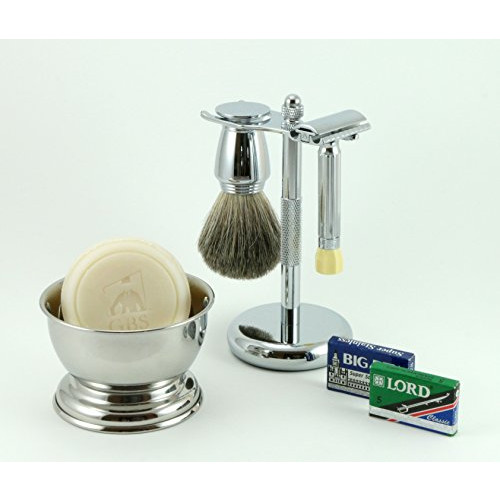 Shaving 선물세트 Merkur 500 Progress Safety Razor Bowl GBS Soap Badger Brush Stand Blades
