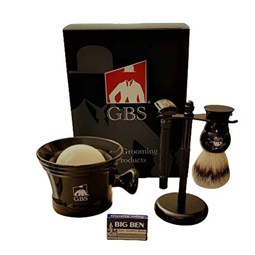 5 Piece Shaving 세트 - Comes 선물 box Rubber Coated Long Handle Razor Pure Badger Brush 매트 Stand Ceramic Bowl GBS 97% All Natural Ocean Driftwood Soap + 15 DE Blades