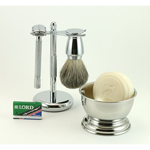 GBS 5 Piece Shaving 세트 - 4.5" Long Handle Non-Slip Knurled DE Razor Stand Badger Brush Bowl Natural Soap + Blades