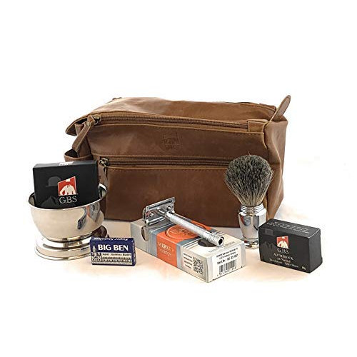 Merkur Deluxe Travel Dopp Kit - #23001 Razor Chrome Shaving Brush Bowl Soap Stand Osma Block + 가죽 Toiletry Bag