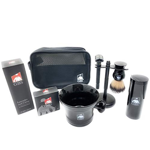 GBS Shaving 선물세트 w/Black 조절되는 Double Edge Safety Razor 세트 includes 머그잔 Badger Brush Stand Toiletry 가방 라벤더 Aftershave Balm Soap