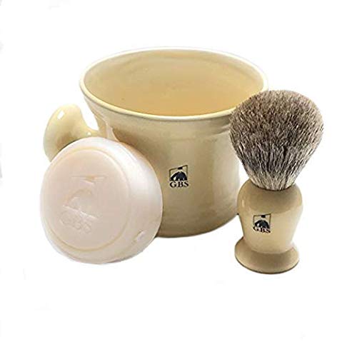 GBS Men Shaving 세트 Ivory - 3 Piece Pure Badger 헤어 Brush Ceramic 머그잔 & 97% All Natural Shave Soap Compliments any Razor Best Great Grooming 선물 Christmas