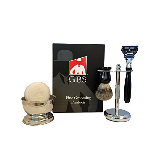 GBS Premium Shaving 세트 Men - 5 블레이드 호환가능 매트 Handle Badger Brush Shave Soap + Bowl 스테인레스 Razor Stand Wet Kit Comes 선물 Box