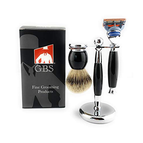 GBS Wet Shaving 선물세트 - All 매트 Chrome Accents 5 블레이드 호환가능 Razor Silvertip Super Badger Brush Stand Classy Timeless Includes 1 Blade