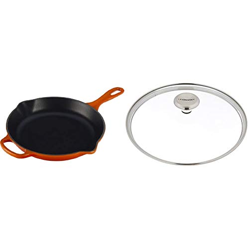 르크루제 Le Creuset Enameled Cast Iron Signature Iron Handle Skillet, 10.25" (1-3/4 qt.), Flame & Signature Glass Lid with Stainless Steel Knob, 10"