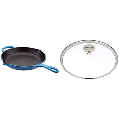 르크루제 Le Creuset Enameled Cast Iron Signature Iron Handle Skillet, 10.25" (1-3/4 qt.), Marseille & Signature Glass Lid with Stainless Steel Knob, 10"