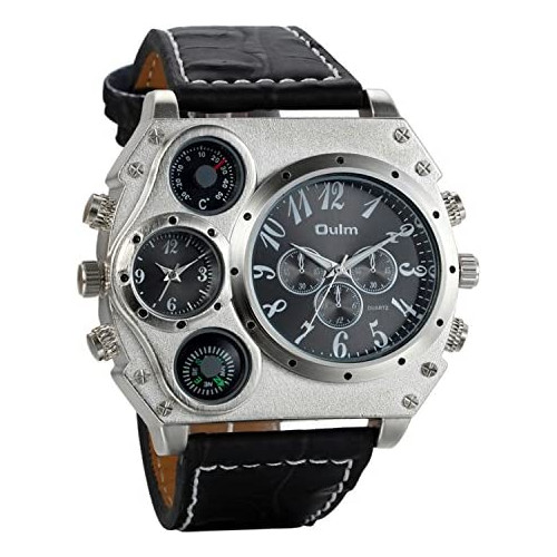 Avaner Mens Big Face Watch 듀얼 타임 Zone 가죽 Strap 스포츠 Analog Quartz Wrist Decorative Compass Thermometer Dial