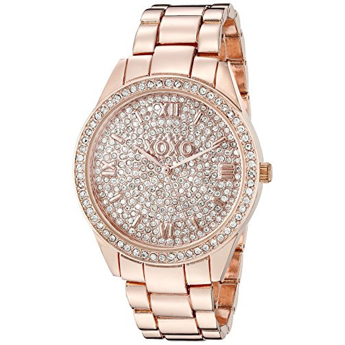 XOXO 여성 Analog Watch Rose Gold-Tone 케이스 크리스탈 Dial Bezel Fold-Over Link Clasp - Official 골드 Bracelet Strap Model XO5803