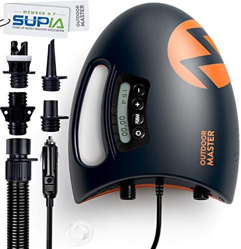 OutdoorMaster 20PSI High Pressure SUP Air Pump Shark - Intelligent 듀얼 Stage Inflation & Auto-Off Feature Deflation Function 12V DC Car Connector Inflatable Stand Up Paddle Boards Boats
