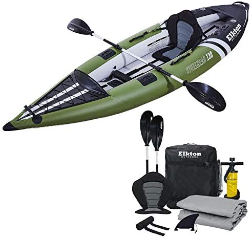 Elkton Outdoors Steelhead Fishing Kayak Inflatable Touring Angler Includes Paddle Hard Mounting Points Bungee Storage