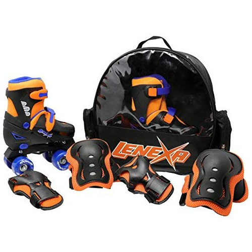 Lenexa Go GRO 조절되는 Quad Roller Skate Bundle &ndash 어린이 Skates Wrist Guards Knee Pads Elbow Matching 백팩 - 선물세트 소녀 Boys