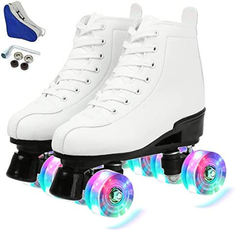 XUDREZ Roller Skates 조절되는 소프트 가죽 High-top Four-Wheel Fun Shiny 성인 소년 Girls