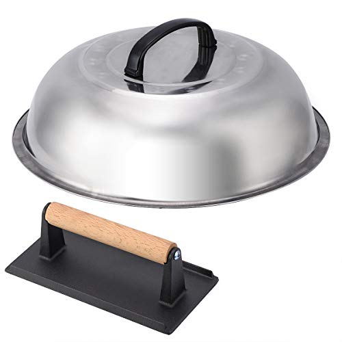 NEWANOVI Stainless Steel 12 Inch Basting Cover and Cast Iron Grill Press Kit for Hamburger Bacon Steak