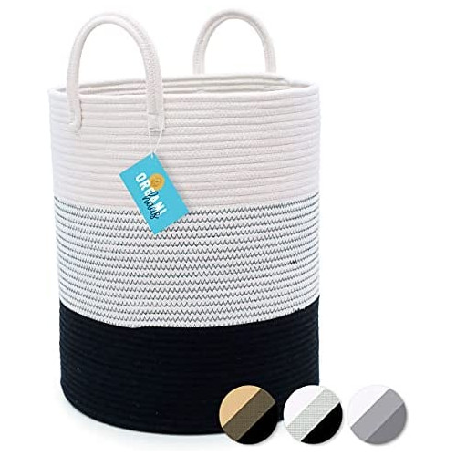 OrganiHaus Cotton Rope Basket Grey Tall Storage Long Handles Decorative 블랭킷 Living Room Laundry 15&quotx18"