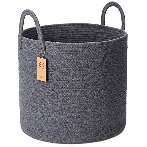 Extra Large Cotton Rope Basket 18" x 16" Woven 블랭킷 Storage Baskets Long Handles Baby 어린이 Dogs 토이 Bins Decorative Laundry Hampers Living Room Wide（18&quotx16"） Off White/Gray