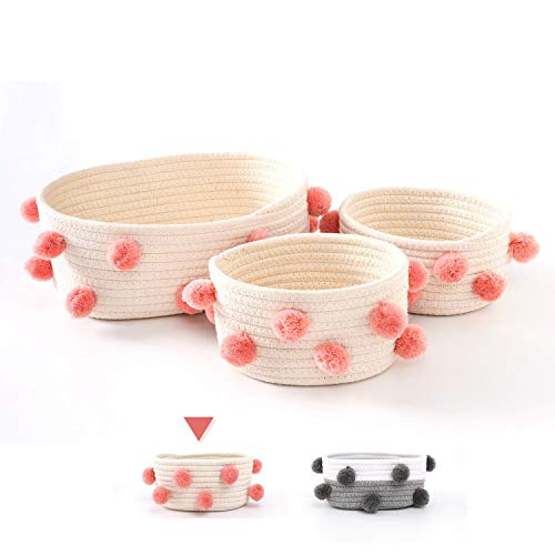 Enzk&Unity Storage Basket 세트 3 Cotton Rope Pom Baby Organizer Small Pet Shelf Home 선물 Pink/Beige