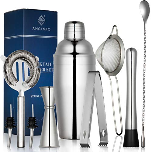 Premium 9-Piece Cocktail Shaker 세트 Angimio 스테인레스 스틸 Bartender Kit 25oz 750ml Martini Mixer Strainer Muddler Mixing Spoon Jigger Ice Tong 2 Liquor Pourers