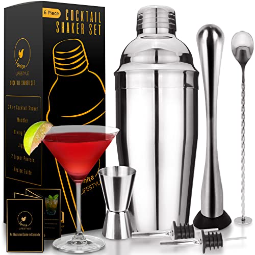 6 Pcs 스테인레스 스틸 24oz Cocktail Shaker 세트 + Recipes Book - Easy Clean Martini Muddler Mixing Spoon Measuring Jigger 2 Liquor Pourers Drink Bartender Kit Bar Set