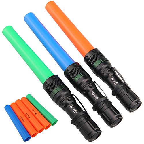 UltraFire 3pc 11-Inch Signal Traffic Flashlights 3 Orange Wands 1 블루 그린 Marshalling 3-Modes 어린이 Outdoor Party