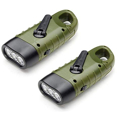 MECO 2팩 Hand Crank & Solar Flashlight Rechargeable Emergency LED Torch Carabiner Dynamo Quick Snap 클립 Camping Outdoor Climbing Hiking 아미 Green