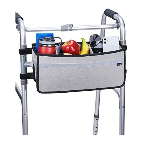 ISSYAUTO Walker Basket, Strap Mount Walker Cup Drink Holder with Two Split Board, Foldable Walker Storage Bag, Best Gift for Family and Friends - Gray (Not Fit Rollator Walkers)