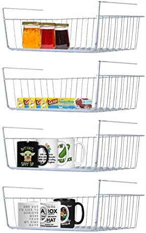 Under Shelf Storage Baskets, 4 Pack Stainless Steel Under Cabinet Basket Metal Hanging Storage Rack for Kitchen Cabinet Thickness Max 1.2 inch, Easy to Install Slides Under Shelves Organizer Pantry