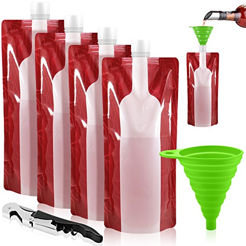 Foldable Wine 가방 750ml Portable Reusable Plastic Bottle Pouch SENHAI 4팩 Collapsible 리퀴드 Leak Proof 플라스크 Holder Liquor Beverages Travel 선물 - Red