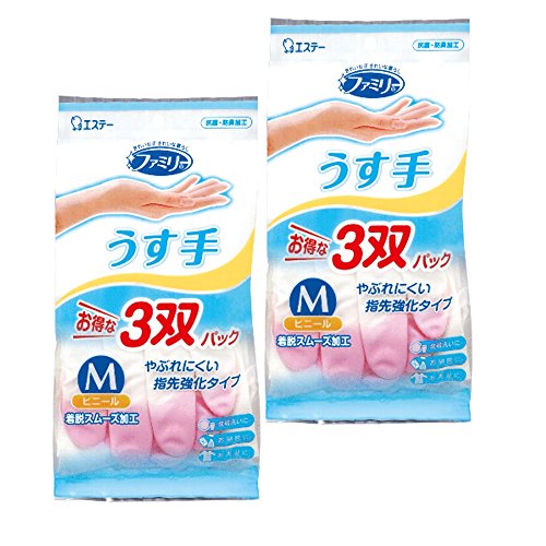 정리 수습구매 패밀리 비닐 장갑 얇은 수손끝 강화 M사이즈 3 쌍팩 핑크x2 쌍그린x1 쌍 x2개세트 키친 취사 청소용