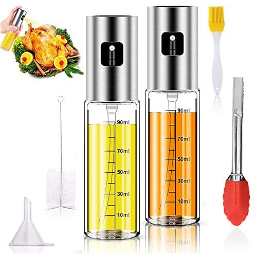ATROPOS Set Of 2 Olive Oil Sprayer Oil Mister for Cooking Refillable Oil and Vinegar Dispenser Glass Bottle w/Measurements, w/Oil Spray Bottle Brush, Basting Brush,Oil Funnel and 2 Silicone BBQ Clip