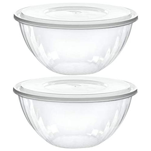 Plasticpro Disposable 48 Ounce Round Crystal Clear Plastic Serving Bowls With Lids, Party Snack or Salad Bowl, Chip Bowls, Snack Bowls, Candy Dish, Salad Container Pack of 2