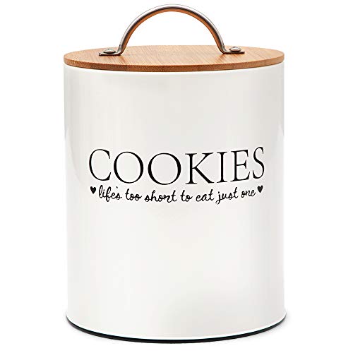 DLifeful Farmhouse Cookie Tin Jars for Kitchen Counter - Decorative Storage Container with Airtight Bamboo Seal Lid for Baking Supplies