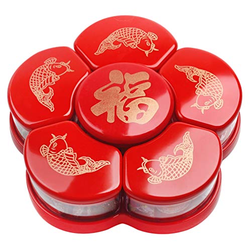 Hemoton Snack Box Candy Dish Rotating with 6 Compartments Dried Fruit Plate Snacks Storage Tray with Lid for Home Chinese New Year Wedding Party (Red)