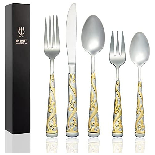 Win Dynasty Silverware 세트 4 People,16-Piece 스테인레스 스틸 Flatware Set,Royal Cutlery Gold-embossed Vine