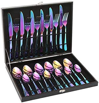 Lightahead 24pcs Rainbow colored Iridescent 스테인레스 스틸 Flatware Tableware Cutlery 세트 attractive 매트 선물 Box Multicolored