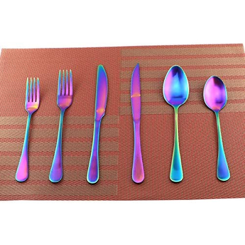 Uniturcky Stainless Steel With Titanium Colorful Plated Rainbow Flatware Set,Steak Knife Cutlery Set Knife Fork Salad Fork Dessert Spoon 24-piece, Service for 4 (Matte)
